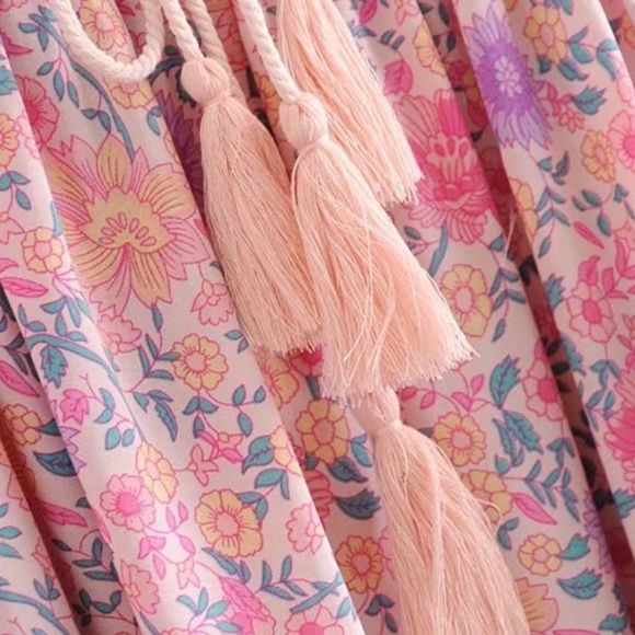 Babydoll Boho Floral Gypsy 70s Print Dress Pink - Picture 6 of 11